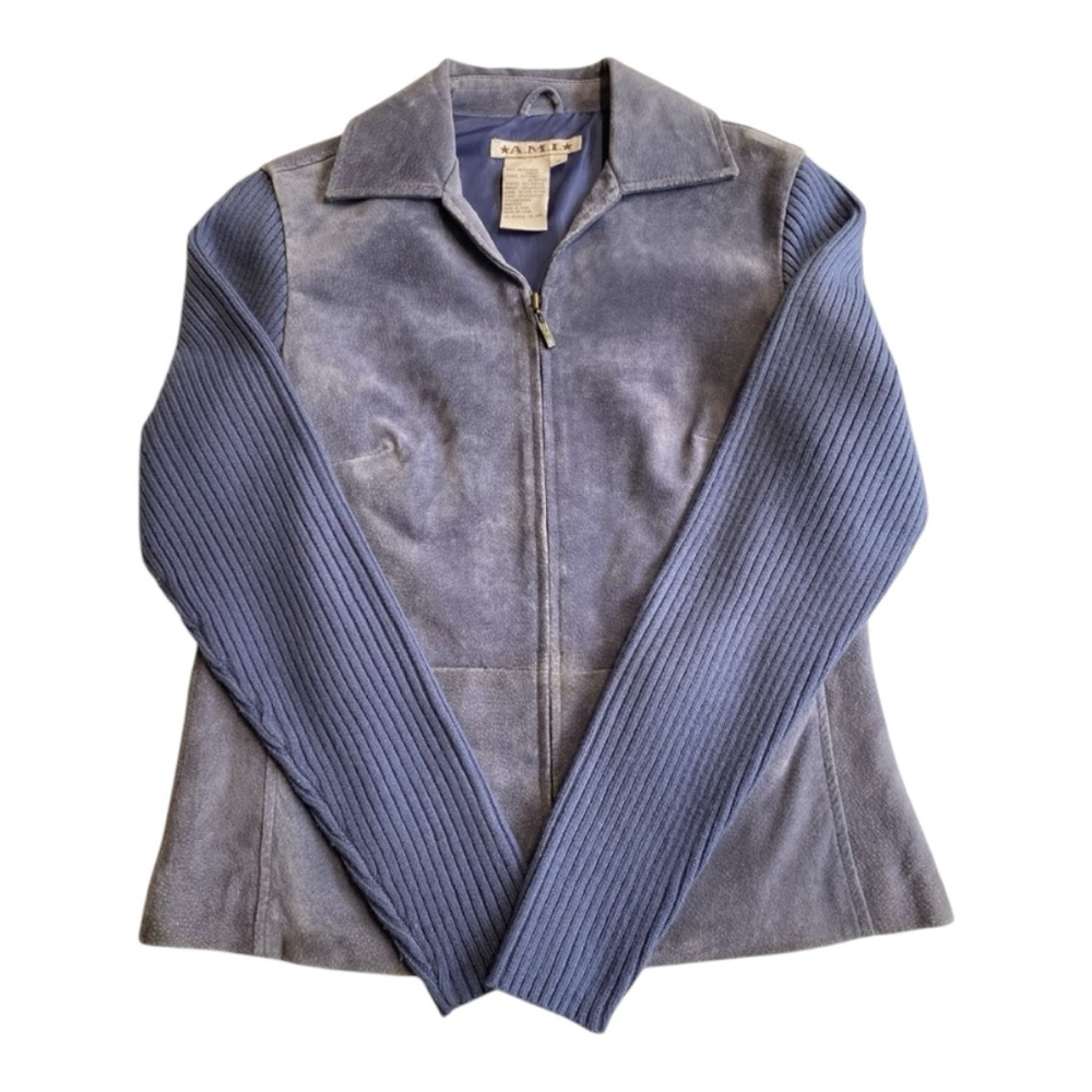 AMI Genuine Leather, Knit Sleeve, Periwinkle Color, Vintage Style Jacket, Size S